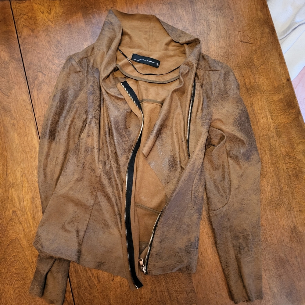 Zara Woman Faux Leather Slouch Neck Full Zip Jacket Women's Size M Brown
